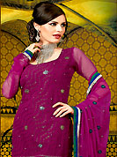 The color range from natural shades looks ravishing. The dazzling purple A-Line kameez have amazing embroidery and patch work. Embroidery is done with resham, zari and stone work. Beautiful embroidery work on kameez is stunning. The entire ensemble makes an excellent wear. Matching churidar and dupatta is available with this suit. This beautiful wedding wear suit is made with viscose fabric. Slight Color variations are possible due to differing screen and photograph resolutions.