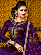 Dreamy variation on shape and forms compliment your style with tradition. The dazzling purple A-Line kameez have amazing embroidery and patch work. Embroidery is done with resham, zari, sequins and self weaving work. Beautiful embroidery work on kameez is stunning. The entire ensemble makes an excellent wear. Matching churidar and dupatta is available with this suit. This beautiful wedding wear suit is made with chanderi fabric. Slight Color variations are possible due to differing screen and photograph resolutions.