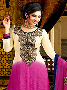 The traditional patterns used on this suit maintain the ethnic look. The dazzling cream and magenta kameez have amazing embroidery and patch work. Embroidery is done with resham, zari, and cut work. Beautiful embroidery work on kameez is stunning. The entire ensemble makes an excellent wear. Matching churidar and dupatta is available with this suit. This beautiful wedding wear suit is made with viscose jacquard fabric. Slight Color variations are possible due to differing screen and photograph resolutions.