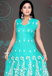 Ultimate collection of embroidered suits with fabulous style. The dazzling aqua net readymade churidar suit have amazing embroidery patch work is done with resham and lace work in form of floral motifs. Color combination of this suit is fascinating and makes you fashionable look. Matching butter crepe churidar and net dupatta is available with this suit. Slight Color variations are possible due to differing screen and photograph resolutions.