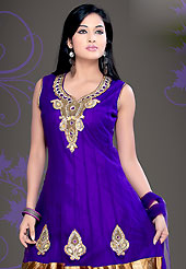 An occasion wear perfect is ready to rock you. The dazzling violet net readymade churidar suit have amazing embroidery patch work is done with zari, sequins, stone, cutdana and lace work in form of floral motifs. Color combination of this suit is fascinating and makes you fashionable look. Matching butter crepe churidar and net dupatta is available with this suit. Slight Color variations are possible due to differing screen and photograph resolutions.