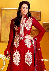 Take a look on the changing fashion of the season. The dazzling maroon georgette churidar suit have amazing embroidery and patch work. Embroidery is done with resham and sequins work in form of floral motifs. Embroidery on kameez is highlighting the beauty of this suit. Beautiful embroidery patch work on kameez is stunning. Matching crepe churidar and chiffon dupatta come along with this suit. Accessories shown in the image is just for photography purpose. Slight Color variations are possible due to differing screen and photograph resolutions.