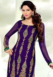You can be sure that ethnic fashions selections of clothing are taken from the latest trend in today’s fashion. This violet georgette kameez has beautiful embroidered and patch work. Embroidery is done with resham, zari and sequins work in form of traditional motifs. Embroidery on kameez is highlighting the beauty of this suit. Contrasting green santoon churidar and matching chiffon dupatta is available with this suit. It’s a wonderful party wear suit. Slight color variations are possible due to differing screen and photograph resolutions.