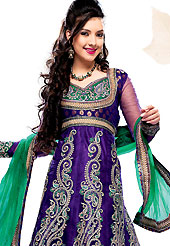 Attract all attentions with this embroidered suit. The dazzling violet net anarkali churidar suit have amazing embroidery and patch work. Embroidery is done with self weaving, resham and zari work in form of floral motifs. Embroidery on kameez is highlighting the beauty of this suit. Contrasting green churidar and net dupatta come along with this suit. This semi stitch kameez can be customized upto 44 inches. Slight Color variations are possible due to differing screen and photograph resolutions.