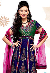 Get ready to sizzle all around you by sparkling suit. The dazzling dark blue net churidar suit have amazing embroidery and patch work. Embroidery is done with self weaving, resham and zari work in form of floral motifs. Embroidery on kameez is highlighting the beauty of this suit. Contrasting magenta churidar and net dupatta come along with this suit. This semi stitch kameez can be customized upto 44 inches. Slight Color variations are possible due to differing screen and photograph resolutions.