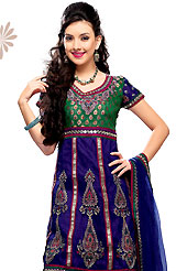 This season dazzle and shine in pure colors. The dazzling royal blue net churidar suit have amazing embroidery and patch work. Embroidery is done with self weaving, resham and zari work in form of floral motifs. Embroidery on kameez is highlighting the beauty of this suit. Contrasting green churidar and matching net dupatta come along with this suit. This semi stitch kameez can be customized upto 44 inches. Slight Color variations are possible due to differing screen and photograph resolutions.