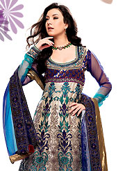 The most beautiful refinements for style and tradition. The dazzling beige and deep blue net anarkali churidar suit have amazing embroidery and patch work. Embroidery is done with resham, zari and sequins work in form of floral motifs. Embroidery on kameez is highlighting the beauty of this suit. Contrasting deep blue churidar and net dupatta come along with this suit. This semi stitch kameez can be customized upto 44 inches. Slight Color variations are possible due to differing screen and photograph resolutions.