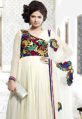 Take a look on the changing fashion of the season. The off white chiffon anarkali churidar suit have amazing embroidery and patch work. Embroidery is done with resham work in form of floral and paisley motifs. Beautiful embroidery work on kameez is stunning. The entire ensemble makes an excellent wear. Matching santoon churidar and chiffon dupatta is available with this suit. Slight Color variations are possible due to differing screen and photograph resolutions.