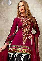 Outfit is a novel ways of getting yourself noticed. This burgundy georgette A-Line churidar suit have amazing floral, paisley print and embroidery patch work is done with resham and zari work. Embroidery on kameez is highlighting the beauty of this suit. Matching churidar and net dupatta come along with this suit. This Unstitched kameez can be customized upto 38 inches. Slight Color variations are possible due to differing screen and photograph resolutions.