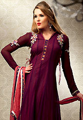 A desire that evokes a sense of belonging with a striking details. This deep burgundy and light red georgette churidar suit have amazing embroidery patch work is done with resham, sequins, stone and lace work. Embroidery on kameez is highlighting the beauty of this suit. Matching churidar and chiffon dupatta come along with this suit. This Unstitched kameez can be customized upto 38 inches. Slight Color variations are possible due to differing screen and photograph resolutions.