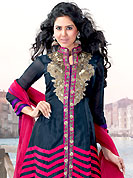 The fascinating beautiful subtly garment with lovely patterns. This deep navy blue chanderi silk churidar suit have amazing embroidery patch work is done with resham, zari and sequins work. Embroidery on kameez is highlighting the beauty of this suit. Matching santoon churidar and deep pink net dupatta come along with this suit. Slight Color variations are possible due to differing screen and photograph resolutions.