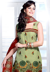 Let your personality articulate for you with this embroidery suit. This light pastel green cotton churidar suit have amazing embroidery patch work is done with resham work. This beautiful suit is used for casual porpose which gives you a singular and dissimilar look. Contrasting maroon cotton churidar and dupatta come along with this suit. The unstitched kameez can be customized upto 42 inches. Slight Color variations are possible due to differing screen and photograph resolutions.