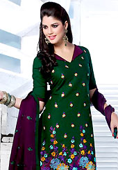 Be ready to slip in the comfort zone of this embroidered suit. This deep green cotton churidar suit have amazing embroidery patch work is done with resham and sequins work. This beautiful suit is used for casual porpose which gives you a singular and dissimilar look. Contrasting dark purple cotton churidar and dupatta come along with this suit. The unstitched kameez can be customized upto 42 inches. Slight Color variations are possible due to differing screen and photograph resolutions.