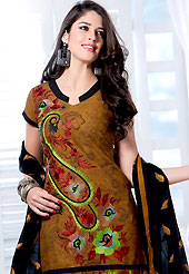 The most beautiful refinements for style and tradition. This brown cotton churidar suit have amazing floral print and embroidery patch work is done with resham and sequins work. This beautiful suit is used for casual porpose which gives you a singular and dissimilar look. Contrasting black cotton churidar and dupatta come along with this suit. The unstitched kameez can be customized upto 42 inches. Slight Color variations are possible due to differing screen and photograph resolutions.