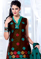 Outfit is a novel ways of getting yourself noticed. This deep brown cotton churidar suit have amazing embroidery patch work is done with resham work. This beautiful suit is used for casual porpose which gives you a singular and dissimilar look. Contrasting turquoise blue cotton churidar and dupatta come along with this suit. The unstitched kameez can be customized upto 42 inches. Slight Color variations are possible due to differing screen and photograph resolutions.