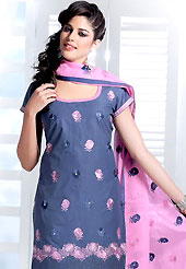 Take a look on the changing fashion of the season. This blue cotton churidar suit have amazing embroidery patch work is done with resham and sequins work. This beautiful suit is used for casual porpose which gives you a singular and dissimilar look. Contrasting pink cotton churidar and dupatta come along with this suit. The unstitched kameez can be customized upto 42 inches. Slight Color variations are possible due to differing screen and photograph resolutions.