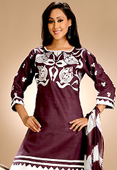 Take the fashion industry by storm in this beautiful embroidered suit. The dazzling dark burgundy cotton readymade churidar suit have amazing embroidery patch work is done with resham and lace work. The entire ensemble makes an excellent wear. Contrasting white cottn churidar and double dye chiffon dupatta is available with this suit. Slight Color variations are possible due to differing screen and photograph resolutions.