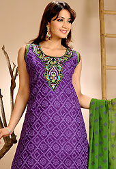 Ultimate collection of embroidered suits with fabulous style. The dazzling violet cotton salwar kameez have amazing bandhej print and embroidery patch work is done with resham and mirror work. The entire ensemble makes an excellent wear. Contrasting green cotton salwar and double dye dupatta is available with this suit. Slight Color variations are possible due to differing screen and photograph resolutions.