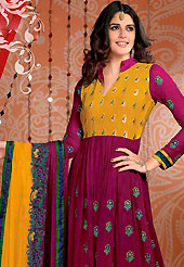 This season dazzle and shine in pure colors. The dazzling burgundy and dark yellow faux georgette churidar suit have amazing embroidery patch work is done with resham work. The entire ensemble makes an excellent wear. Matching churidar and dupatta is available with this suit. Slight Color variations are possible due to differing screen and photograph resolutions.