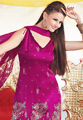 This season dazzle and shine in pure colors. The dazzling purple churidar suit have amazing embroidery patch work is done with zari, sequins and stone work. The entire ensemble makes an excellent wear. Matching churidar and dupatta is available with this suit. Slight Color variations are possible due to differing screen and photograph resolutions.