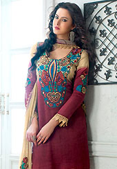 Take the fashion industry by storm in this beautiful embroidered suit. This beautiful fawn and burgundy salwar kameez is nicely designed with embroidery patch work is done with resham and lace work in form of floral motifs. Embroidery on kameez is highlighting the beauty of this suit. Matching fawn salwar and dupatta come along with this suit. Slight Color variations are possible due to differing screen and photograph resolutions.