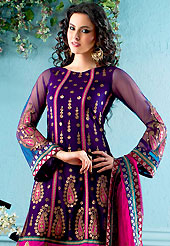 Ultimate collection of embroidered suits with fabulous style. This beautiful dark violet churidar suit is nicely designed with embroidery patch work is done with resham, zari, sequins and stone work in form of floral motifs. Embroidery on kameez is highlighting the beauty of this suit. Matching churiar and contrasting dark pink dupatta come along with this suit. Slight Color variations are possible due to differing screen and photograph resolutions.