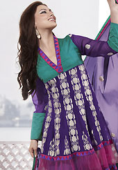 The glamorous silhouette to meet your most dire fashion needs. The dazzling violet, turquoise green and pink faux georgette churidar suit have amazing embroidery patch work is done with resham work. Beautiful embroidery work on kameez is stunning. The entire ensemble makes an excellent wear. Matching churidar and dupatta is available with this suit. Slight Color variations are possible due to differing screen and photograph resolutions.