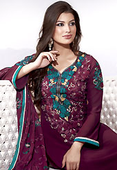 The glamorous silhouette to meet your most dire fashion needs. The dazzling burgundy faux georgette churidar suit have amazing embroidery patch work is done with resham, zari and sequins work. Beautiful embroidery work on kameez is stunning. The entire ensemble makes an excellent wear. Matching churidar and dupatta is available with this suit. Slight Color variations are possible due to differing screen and photograph resolutions.
