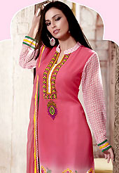 Era with extension in fashion, style, Grace and elegance have developed grand love affair with this ethnical wear. The dazzling pink chiffon churidar suit have amazing embroidery patch work is done with resham work. The entire ensemble makes an excellent wear. Matching churidar and dupatta is available with this suit. Slight Color variations are possible due to differing screen and photograph resolutions.