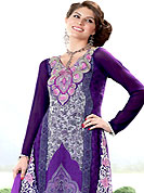 Take a look on the changing fashion of the season. The dazzling purple and light grey georgette churidar suit have amazing floral print and embroidery patch work is done with resham and lace work. Embroidery work on kameez is stunning. This is perfect party wear suit. The entire ensemble makes an excellent wear. Matching churidar and dupatta is available with this suit. Slight Color variations are possible due to differing screen and photograph resolutions.