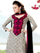 Take a look on the changing fashion of the season. The dazzling light grey georgette churidar suit have amazing floral print and embroidery patch work is done with resham and lace work. Embroidery work on kameez is stunning. This is perfect party wear suit. The entire ensemble makes an excellent wear. Contrasting black churidar and dupatta is available with this suit. Slight Color variations are possible due to differing screen and photograph resolutions.