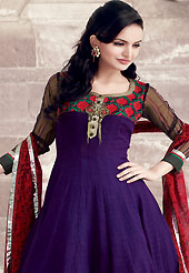 Try out this year top trend, glowing, bold and natural collection. The dazzling violet cotton readymade churidar suit have amazing embroidery patch work is done with stone work. The entire ensemble makes an excellent wear. Contrasting green churidar and red dupatta is available with this suit. Slight Color variations are possible due to differing screen and photograph resolutions.
