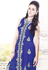 The most beautiful refinements for style and tradition. The dazzling royal blue georgette readymade churidar suit have amazing embroidery patch work is done with stone work. The entire ensemble makes an excellent wear. Matching santoon churidar and chiffon dupatta is available with this suit. Slight Color variations are possible due to differing screen and photograph resolutions.