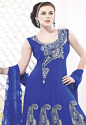 This season dazzle and shine in pure colors. The dazzling royal blue georgette readymade churidar suit have amazing embroidery patch work is done with stone work. The entire ensemble makes an excellent wear. Matching santoon churidar and chiffon dupatta is available with this suit. Slight Color variations are possible due to differing screen and photograph resolutions.