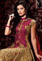 The fascinating beautiful subtly garment with lovely patterns. The dazzling dusty olive green jacquard churidar suit have amazing embroidery patch work is done with resham, zari and lace work. Beautiful embroidery work on kameez is stunning. The entire ensemble makes an excellent wear. Matching santoon churidar and deep pink chiffon dupatta is available with this suit. Slight Color variations are possible due to differing screen and photograph resolutions.