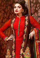 Get ready to sizzle all around you by sparkling suit. The dazzling red and brown chiffon churidar suit have amazing embroidery patch work is done with resham, zari, stone and lace work. Beautiful embroidery work on kameez is stunning. The entire ensemble makes an excellent wear. Contrasting green santoon salwar and chiffon dupatta is available with this suit. Slight Color variations are possible due to differing screen and photograph resolutions.