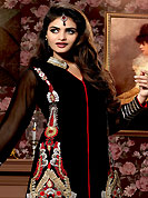 This season dazzle and shine in pure colors. The dazzling black georgette churidar suit have amazing embroidery patch work is done with resham, heavy zari, sequins and gota patti work. Beautiful embroidery work on kameez is stunning. The entire ensemble makes an excellent wear. Contrasting dark red santoon churidar and chiffon dupatta is available with this suit. Slight Color variations are possible due to differing screen and photograph resolutions.