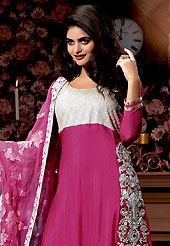 Style and trend will be at the peak of your beauty when you adorn this suit. The dazzling pink chiffon churidar suit have amazing embroidery patch work is done with resham, stone and beads work. Beautiful embroidery work on kameez is stunning. The entire ensemble makes an excellent wear. Contrasting off white santoon churidar and shaded chiffon dupatta is available with this suit. Slight Color variations are possible due to differing screen and photograph resolutions.