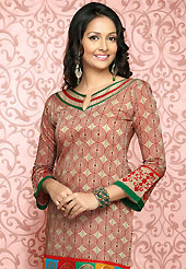 The fascinating beautiful subtly garment with lovely patterns. The dazzling beige and red banarasi cotton silk churidar suit have amazing block print and multicolor jacquard patch work. The entire ensemble makes an excellent wear. Contrasting green churidar and dupatta is available with this suit. Slight Color variations are possible due to differing screen and photograph resolutions.
