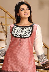 Style and trend will be at the peak of your beauty when you adorn this suit. The dazzling peach and off white chanderi silk readymade salwar kameez have amazing block print and embroidery patch work is done with resham work. The entire ensemble makes an excellent wear. Contrasting black salwar and brown dupatta is available with this suit. Slight Color variations are possible due to differing screen and photograph resolutions.