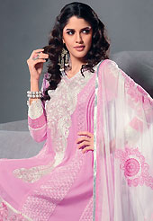 An occasion wear perfect is ready to rock you. The dazzling pink georgette churidar suit have amazing embroidery patch work is done with resham and lace work. The entire ensemble makes an excellent wear. Matching churidar and off white chiffon dupatta is available with this suit. Slight Color variations are possible due to differing screen and photograph resolutions.