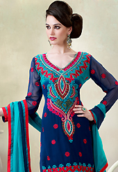 Outfit is a novel ways of getting yourself noticed. The dazzling navy blue and light blue faux georgette salwar kameez have amazing embroidery patch work is done with resham, zari and sequins work. Beautiful embroidery work on kameez is stunning. Matching santoon salwar and double dye chiffon dupatta is available with this suit. Slight Color variations are possible due to differing screen and photograph resolutions.
