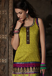 Dreamy variation on shape and forms compliment your style with tradition. The dazzling light olive green silk readymade salwar kameez have amazing embroidery patch work is done with resham, zari, sequins and beads work. The entire ensemble makes an excellent wear. Contrasting dark magenta santoon salwar and net dupatta is available with this suit. Slight Color variations are possible due to differing screen and photograph resolutions.
