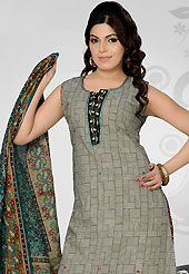 Get ready to sizzle all around you by sparkling suit. The dazzling off white and black cotton readymade salwar kameez have amazing geometric print and embroidery patch work is done with resham, thread and sequins work. The entire ensemble makes an excellent wear. Contrasting red printed cotton salwar and teal green printed cotton dupatta is available with this suit. Slight Color variations are possible due to differing screen and photograph resolutions.