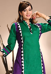 Style and trend will be at the peak of your beauty when you adorn this suit. The dazzling green and purple cotton readymade salwar kameez have amazing self print and patch work. The entire ensemble makes an excellent wear. Contrasting black printed cotton salwar and double dye chiffon dupatta is available with this suit. Slight Color variations are possible due to differing screen and photograph resolutions.