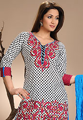 The glamorous silhouette to meet your most dire fashion needs. The dazzling white and black cotton readymade salwar kameez have amazing dot print, applique and patch work. The entire ensemble makes an excellent wear. Contrasting blue cotton salwar and shaded dupatta is available with this suit. Slight Color variations are possible due to differing screen and photograph resolutions.