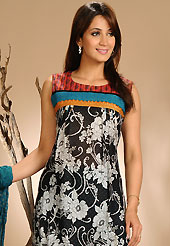 The color range from natural shades looks ravishing. The dazzling black and off white cotton readymade salwar kameez have amazing floral print, lace and patch work. The entire ensemble makes an excellent wear. Contrasting teal blue salwar and shaded dupatta is available with this suit. Slight Color variations are possible due to differing screen and photograph resolutions.