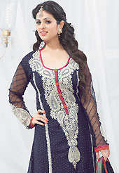 A desire that evokes a sense of belonging with a striking details. This navy blue faux georgette churidar suit have amazing embroidery patch work is done with resham and stone work. Embroidery on kameez is highlighting the beauty of this suit. Matching churidar and dupatta come along with this suit. Slight Color variations are possible due to differing screen and photograph resolutions.