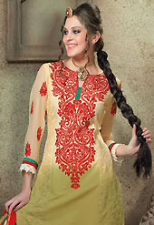Take a look on the changing fashion of the season. The dazzling cream and olive green cotton churidar suit have amazing embroidery patch work is done with resham and lace work. Beautiful embroidery work on kameez is stunning. The entire ensemble makes an excellent wear. Matching olive green churidar and red chiffon dupatta is available with this suit. Slight Color variations are possible due to differing screen and photograph resolutions.
