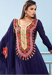 This season dazzle and shine in pure colors. The dazzling navy blue faux georgette churidar suit have amazing embroidery patch work is done with resham, zari and sequins work. Beautiful embroidery work on kameez is stunning. The entire ensemble makes an excellent wear. Matching santoon churidar and dupatta is available with this suit. Slight Color variations are possible due to differing screen and photograph resolutions.
